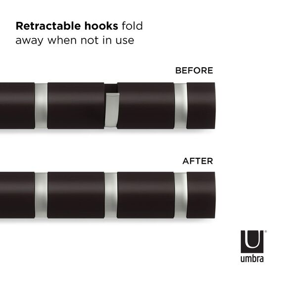 Umbra Flip 8 Garderobenhaken – Moderne, Schlichte und Platzsparende Garderobenleiste mit 8 Beweglichen Haken für Jacken, Mäntel, Schals, Handtaschen und Mehr, Espresso