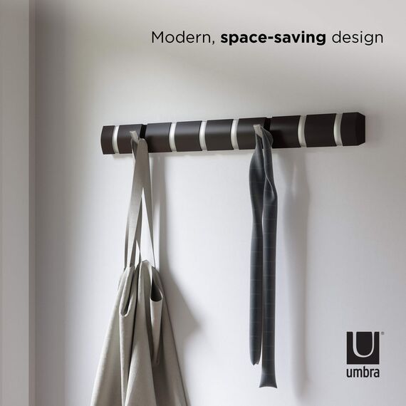 Umbra Flip 8 Garderobenhaken – Moderne, Schlichte und Platzsparende Garderobenleiste mit 8 Beweglichen Haken für Jacken, Mäntel, Schals, Handtaschen und Mehr, Espresso