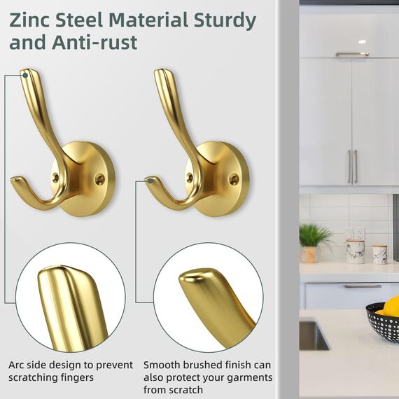 ZUONAI Garderobenhaken Modern Kleiderhaken Schwerlast Garderobe Haken Jacken Haken Wand Handtuchhaken Doppelt für Küche Bad Kleiderschrank (4 Stück, Gold)