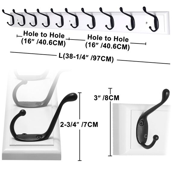 Dseap Garderobenleiste: 97cm lang schwerlas hakenleiste mit 10 doppelhaken, kleiderhaken wand, wandgarderobe, garderobenhaken für mantel hut handtuch handtasche, bambus, weiß