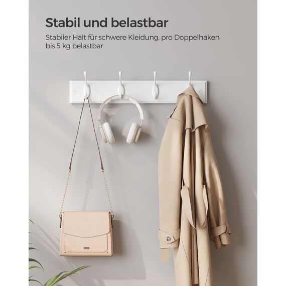 SONGMICS Wandgarderobe, Garderobe, Garderobe, mit 4 Doppelhaken aus Metall, Möbel für Eingangsbereich, für Taschen, Mäntel, Flur, Wohnzimmer, Schlafzimmer, Weiß LHR23WT
