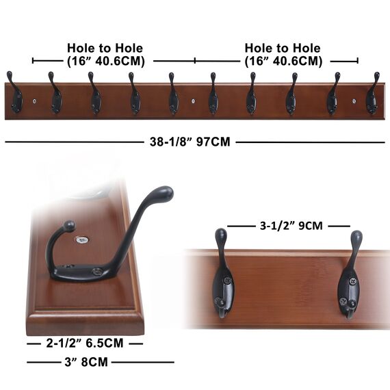 Dseap Garderobenleiste: 97cm lang schwerlas hakenleiste mit 10 doppelhaken, kleiderhaken wand, wandgarderobe, garderobenhaken für mantel hut handtuch handtasche, bambus, braun,2-er set