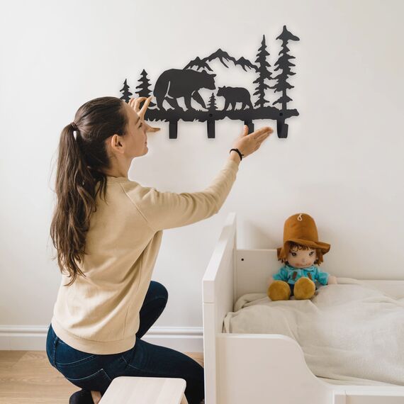 VIVICOMFY Metall-Bär-Haken, Wandkunst-Dekor, Schlüsselhalter, Tier-Themen-Haken, hübsche Heimdekoration für Aufbewahrung, Wohnzimmer, Flur, Büro, Schwarz