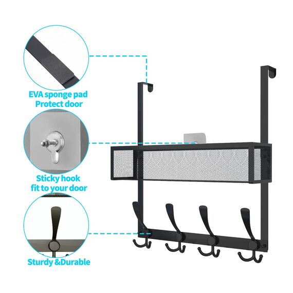 Kaiferty Türhaken-Organizer, Tür-Kleiderbügel, Handtuchhalter, Netzkorb mit 12 Haken, über der Tür, Aufbewahrung, Kleiderhaken hinter der Tür, Organizer für Badezimmer, Küche, Büro (schwarz)