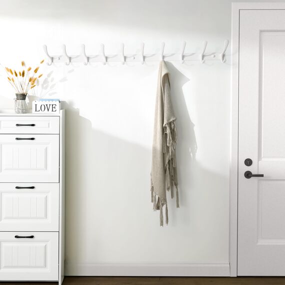 SKOLOO Kleiderhaken wand - 10 Haken, Garderobenleiste Edelstahl(2 Stück), Garderobenhaken Schwere, Metall Hakenleiste, Stabile Hakenleiste zum Aufhängen von Mantel, Jacke, Kleidung, Hut(Weiß)