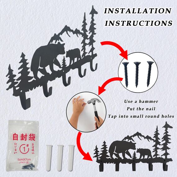 VIVICOMFY Metall-Bär-Haken, Wandkunst-Dekor, Schlüsselhalter, Tier-Themen-Haken, hübsche Heimdekoration für Aufbewahrung, Wohnzimmer, Flur, Büro, Schwarz