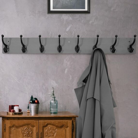 WEBI Garderobenleiste,Wandgarderobe mit 8 Haken Gusseisen,Garderobenhaken Wand,Kleiderhaken Wand Garderobe für Mäntel,Jacken,Grau