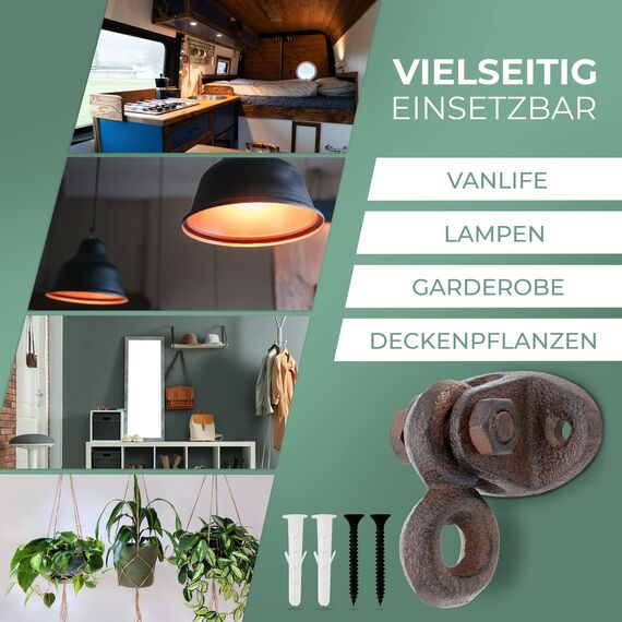 Glaskönig - 4x Rustikale Wand Öse-bewegliche Deckenöse aus Gusseisen im Landhaus Design-Kleiderhaken antik als Garderobenhaken-inkl. Befestigungsmaterial (Öse beweglich-Gusseisen)