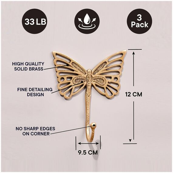 Indian Shelf Dekorativer Wandhaken aus Messing, Schmetterling, niedlich, für Kinder, robust, Wandhalterung, Vintage-Stil, goldfarben, Handtuchhaken, zum Aufhängen von Mänteln, Schlüsseln, Rucksäcken