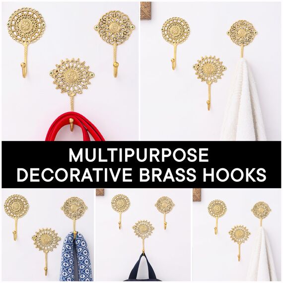 Indian Shelf Boho-Wandhaken in Gold, dekorativ, Messing, Shabby-Chic, Schlüsselhaken, Garderobe, Wandhalterung, Vintage, zum Aufhängen von Mänteln, 3 Stück