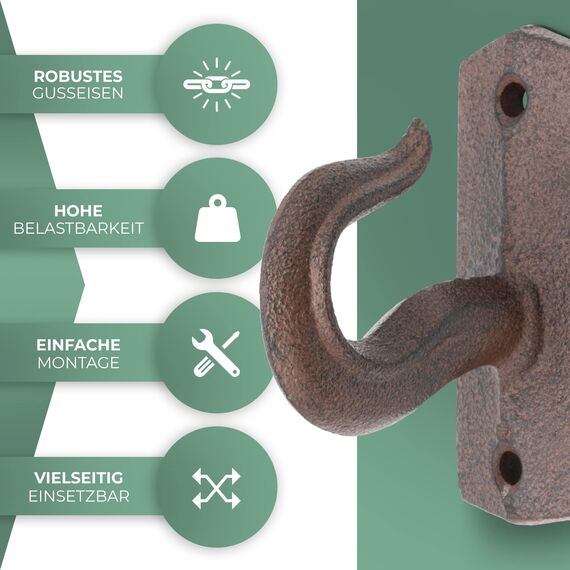 Glaskönig - 2x Rustikale Wand und Deckenhaken aus Gusseisen im Landhaus Design-Kleiderhaken antike Garderobenhaken - inklusive Befestigungsmaterial (Landhaushaken-Gusseisen, Antik Braun)