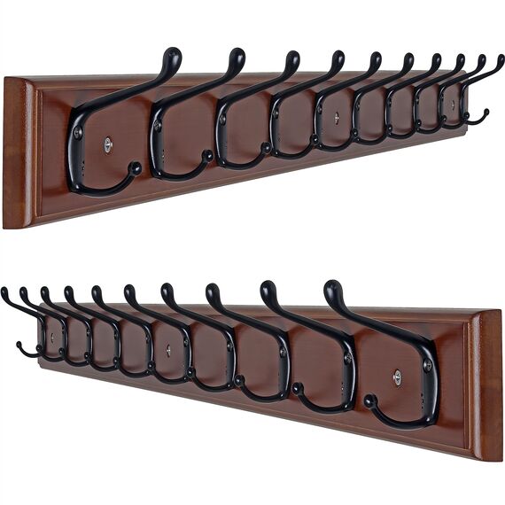Dseap Garderobenleiste: 97cm lang schwerlas hakenleiste mit 10 doppelhaken, kleiderhaken wand, wandgarderobe, garderobenhaken für mantel hut handtuch handtasche, bambus, braun,2-er set