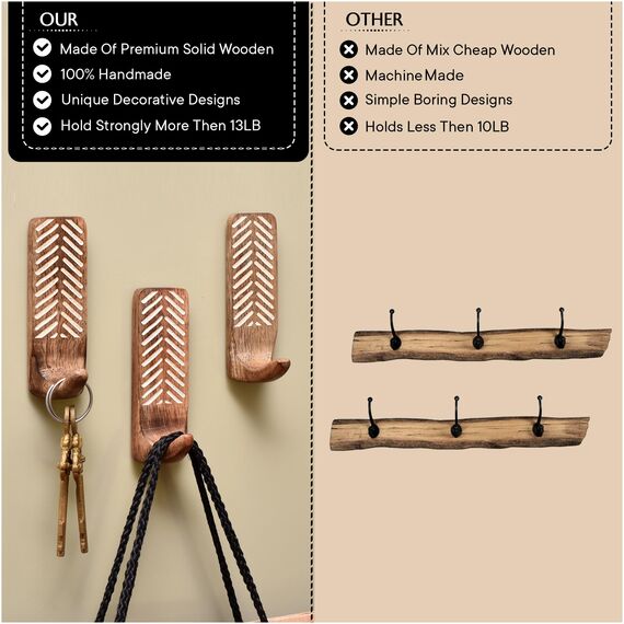 Indian Shelf 3 Haken, 6 Streifen, Holz-Wandhaken, selbstklebend, Boho-Schlüssel, dekorativer Wandhaken zum Aufhängen, Holz-Kleiderbügel, Wandhalterung, Handtuchhaken
