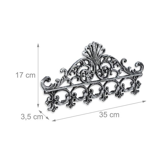 Relaxdays Garderobenleiste Gusseisen, 5 Haken, antike Hakenleiste, für Schlüssel, nostalgisch, 17 x 35 x 3,5 cm, silber