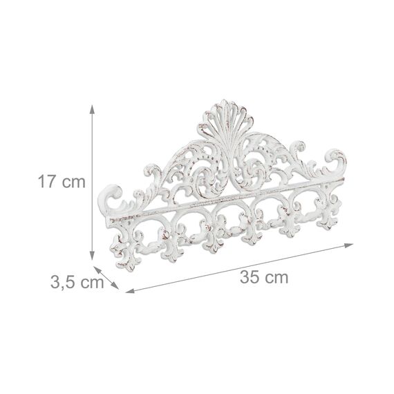 Relaxdays Garderobenleiste Gusseisen, 5 Haken, antike Hakenleiste, für Schlüssel, Shabby, 17 x 35 x 3,5 cm, weiß/braun