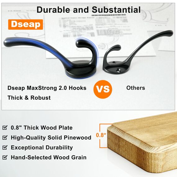 Dseap Garderobe, 97cm Lang Robust Hakenleiste Garderobenleiste Holz mit 10 Haken, Garderobenhaken Wand, Kleiderhaken für Mantel Kleidung Hut Jacken Schals,Natur