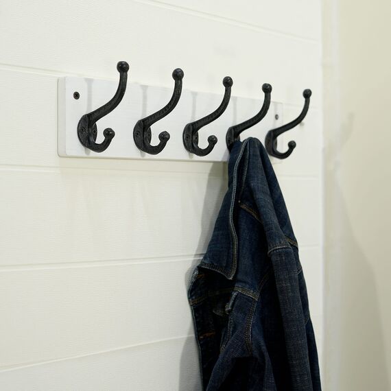 WEBI Garderobenleiste,Wandgarderobe mit 5 Haken Gusseisen,Garderobenhaken Wand,Kleiderhaken Wand,Garderobe Hakenleiste für Mäntel,Jacken,Weiß