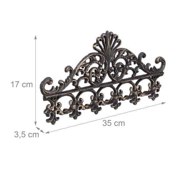 Relaxdays Garderobenleiste aus Gusseisen, 5 Haken, Antiker Landhausstil, HBT: ca. 17 x 35 x 3,5 cm, Hakenleiste, bronze