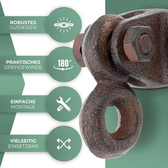 Glaskönig - 4x Rustikale Wand Öse-bewegliche Deckenöse aus Gusseisen im Landhaus Design-Kleiderhaken antik als Garderobenhaken-inkl. Befestigungsmaterial (Öse beweglich-Gusseisen)