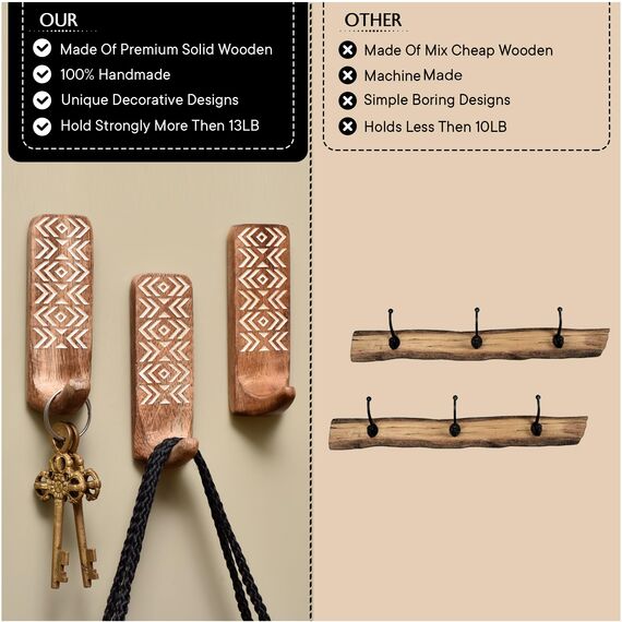 IndianShelf 3 Haken, 6 Streifen Holz-Wandhaken - Selbstklebende Wandhaken - Boho-Schlüssel Dekorative Wandhaken zum Aufhängen - Holz-Aufhänger - Klebende Mantelhaken Wandmontage - Hölzerne