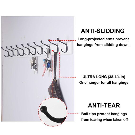 Dseap Garderobenleiste: 97cm lang schwerlas hakenleiste mit 10 doppelhaken, kleiderhaken wand, wandgarderobe, garderobenhaken für mantel hut handtuch handtasche, bambus, weiß