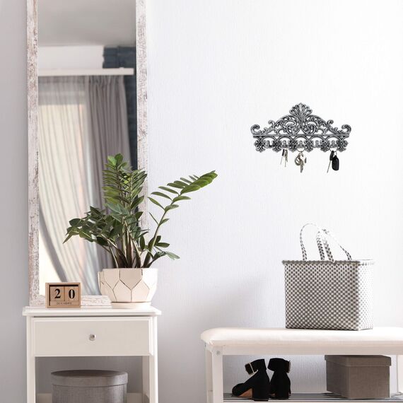 Relaxdays Garderobenleiste Gusseisen, 5 Haken, antike Hakenleiste, für Schlüssel, nostalgisch, 17 x 35 x 3,5 cm, silber