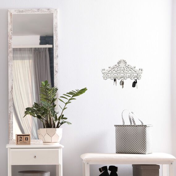 Relaxdays Garderobenleiste Gusseisen, 5 Haken, antike Hakenleiste, für Schlüssel, Shabby, 17 x 35 x 3,5 cm, weiß/braun