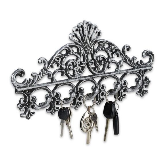 Relaxdays Garderobenleiste Gusseisen, 5 Haken, antike Hakenleiste, für Schlüssel, nostalgisch, 17 x 35 x 3,5 cm, silber