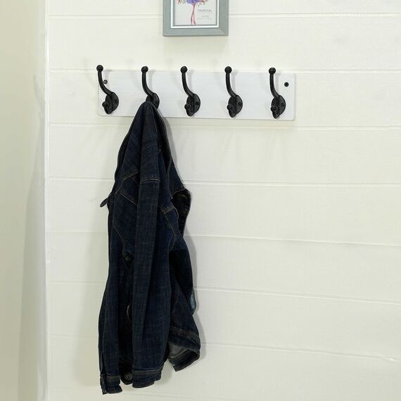 WEBI Garderobenleiste,Wandgarderobe mit 5 Haken Gusseisen,Garderobenhaken Wand,Kleiderhaken Wand,Holz Garderobe Hakenleiste für Mäntel,Jacken,Weiß,2 Stück