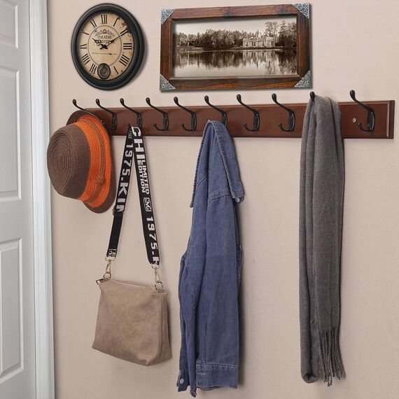 Dseap Garderobenleiste: 97cm lang schwerlas hakenleiste mit 10 doppelhaken, kleiderhaken wand, wandgarderobe, garderobenhaken für mantel hut handtuch handtasche, bambus, braun,2-er set