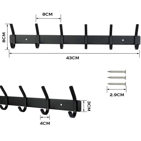 HIMREYLD Hakenleiste Kleiderhaken mit 6 Haken | Garderobenleiste SUS304 Edelstahl Rostfrei für Jacken Mantel Mehrzweck für Bad Wand Tür Schlafzimmer Küche bis 30kg Belastbar - Schwarz 1 Stück