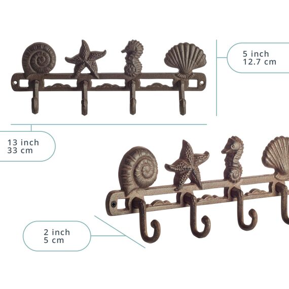 Comfify Vintage Seashell Kleiderhaken, rustikal, Gusseisen, Wandaufhänger mit 4 dekorativen Haken – inklusive Schrauben und Dübeln – Strandhaus-Dekor – Braun
