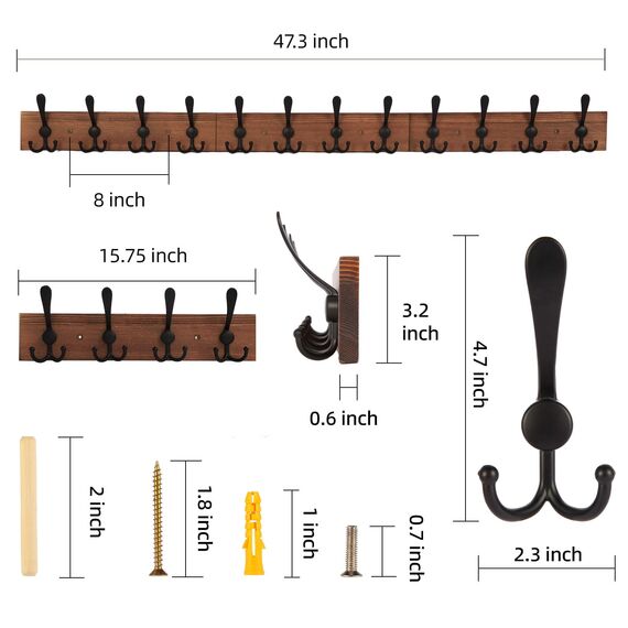 Homagic Wandgarderobe, 120 cm, Braun gebrannt, rustikaler Handtuchhalter für Badezimmer, Wohnzimmer, Haken für Mäntel, Hüte, Kleidung