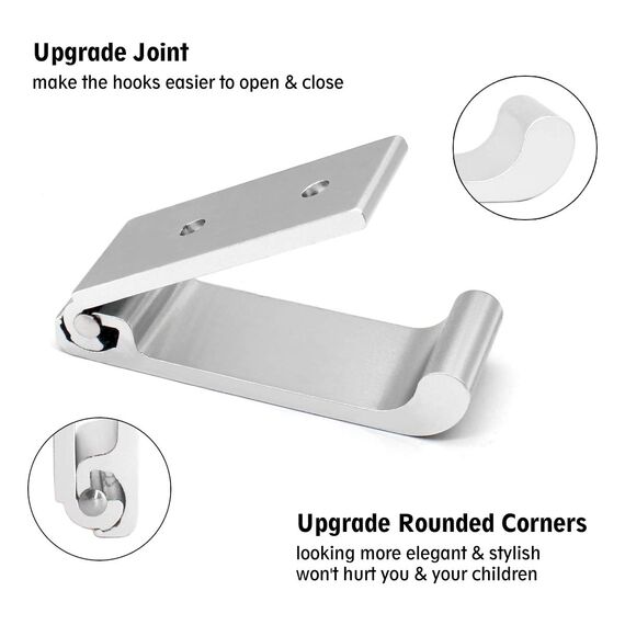 YOCZOX Faltbarer Wandhaken, unsichtbare klappbare Wandhalterung, 4 Pcs Aluminium Wandhalterungshaken, Garderobenständer, Kleiderhaken, Kopfhörerhalter, Ideal für Küche Zimmer etc, Silber