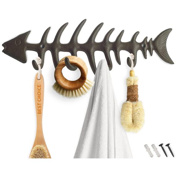 Comfify Dekorativer Fischgräten Handtuchhalter - Stilvoller Gusseisenbügel mit 4 "Gräten-Haken - Inklusive Schrauben und Dübeln