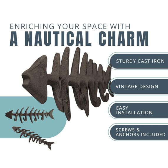 Comfify Dekorativer Fischgräten Handtuchhalter - Stilvoller Gusseisenbügel mit 4 "Gräten-Haken - Inklusive Schrauben und Dübeln