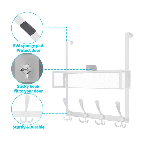 Kaiferty Türhaken-Organizer, Tür-Kleiderbügel, Handtuchhalter, Netzkorb mit 12 Haken, über der Tür, Aufbewahrung, Kleiderhaken hinter der Tür, Organizer für Badezimmer, Küche, Büro (weiß)