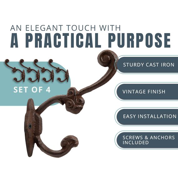 Comfify Rustikale Wandhaken - Shabby Chic Set mit 4 Wandhaken für Mäntel, Taschen, Handtücher und mehr - Vintage Haken für die Dekoration im Landhausdesign - Robuste Haken aus Gusseisen – Rostbraun