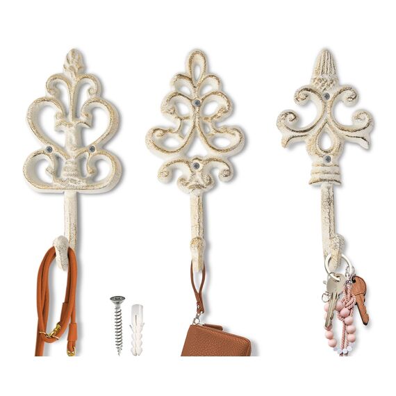 Comfify Dekorativer Shabby Chic Wandhaken - Rustikal - Antik anmutend - Französischer Landhaus-Charme - Große Dekorative Hängehaken - 3er Set - Schrauben und Dübel zur Montage inklusive