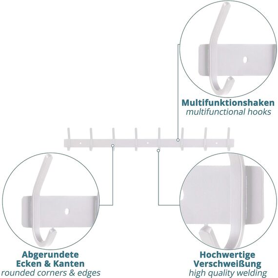 smartpeas Hakenleiste Wand-Garderobe Kleiderhaken Garderobenleiste - Weiß - Rostfreier Gebürsteter Edelstahl – 8 Feste Haken Halten Bis 30K - Plus: 1 Selbstklebender Haken