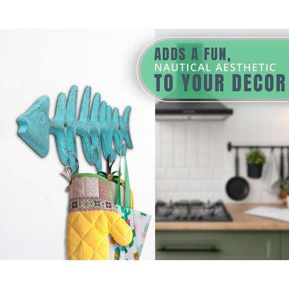 Comfify Dekorativer Fischgräten Handtuchhalter - Stilvoller Gusseisenbügel mit 4" Gräten-Haken - Inklusive Schrauben und Dübeln - Blau