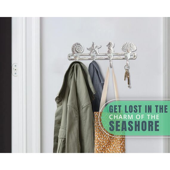 Comfify Vintage Kleiderhaken in Muscheloptik - Mantelhaken aus rustikalem Gusseisen mit 4 dekorativen Haken - inklusive Schrauben und Dübeln - Beach House Decor