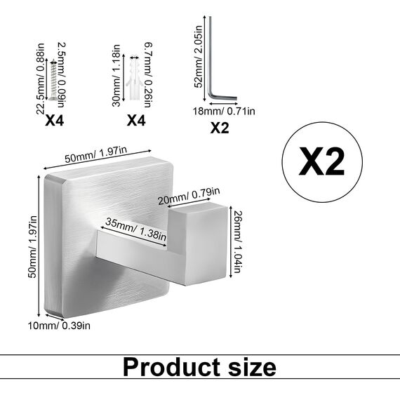 TIANLIN 2 Stück Handtuchhalter Haken, Edelstahl Handtuchhaken zum Bohren, Quadratisch Badezimmer Haken, Silber Küchenhaken, für Badezimmer, Küche, Schlafzimmer
