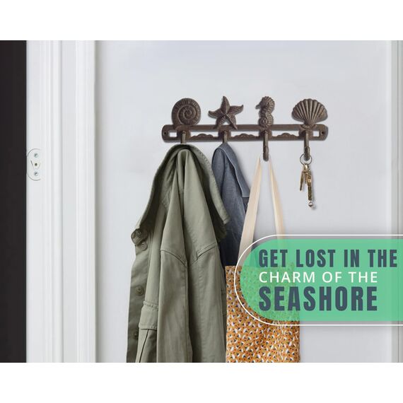 Comfify Vintage Seashell Kleiderhaken, rustikal, Gusseisen, Wandaufhänger mit 4 dekorativen Haken – inklusive Schrauben und Dübeln – Strandhaus-Dekor – Braun
