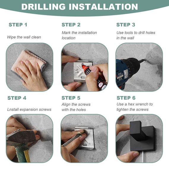 TIANLIN 2 Stück Handtuchhaken zum Bohren, Schwarz Matt Wandhaken aus 304 Edelstahl, Versteckte Montage mit Quadratischem Sockel und Installationswerkzeug, für Badezimmer, Küche, Büro