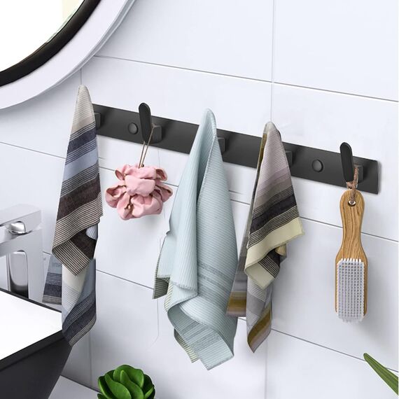 TINIFO Kleiderhaken Hakenleiste Wand, 2 Stück 5 Haken Garderobenhaken Wandgarderobe Aluminium, Modern Wandhaken für Küche, Bad, Balkon（Schwarz）