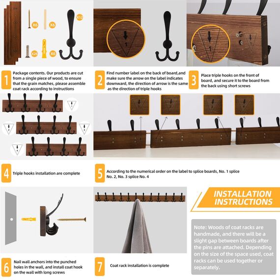 Homagic Wandgarderobe, 120 cm, Braun gebrannt, rustikaler Handtuchhalter für Badezimmer, Wohnzimmer, Haken für Mäntel, Hüte, Kleidung