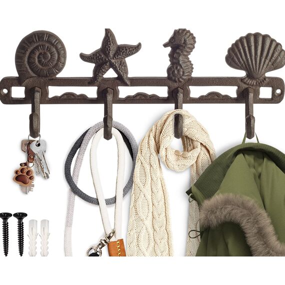 Comfify Vintage Seashell Kleiderhaken, rustikal, Gusseisen, Wandaufhänger mit 4 dekorativen Haken – inklusive Schrauben und Dübeln – Strandhaus-Dekor – Braun