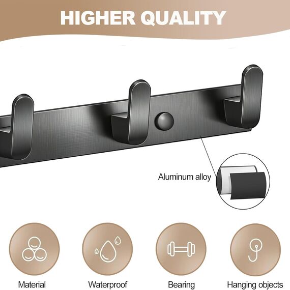 TINIFO Kleiderhaken Hakenleiste Wand, 2 Stück 5 Haken Garderobenhaken Wandgarderobe Aluminium, Modern Wandhaken für Küche, Bad, Balkon（Schwarz）