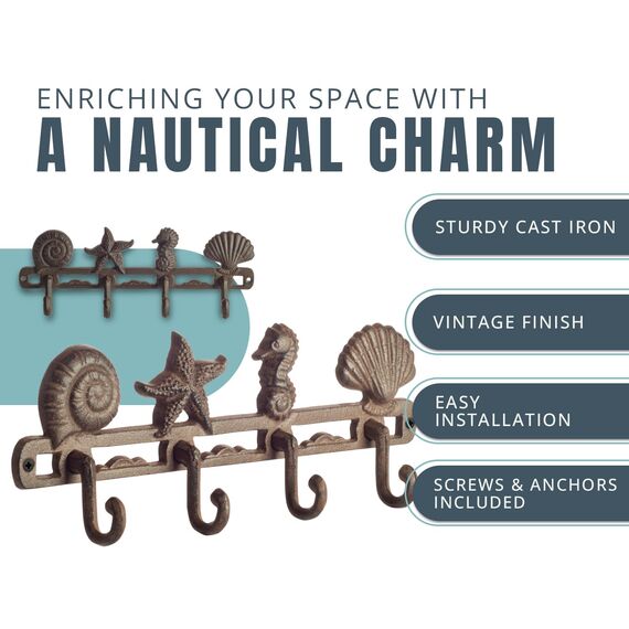 Comfify Vintage Seashell Kleiderhaken, rustikal, Gusseisen, Wandaufhänger mit 4 dekorativen Haken – inklusive Schrauben und Dübeln – Strandhaus-Dekor – Braun